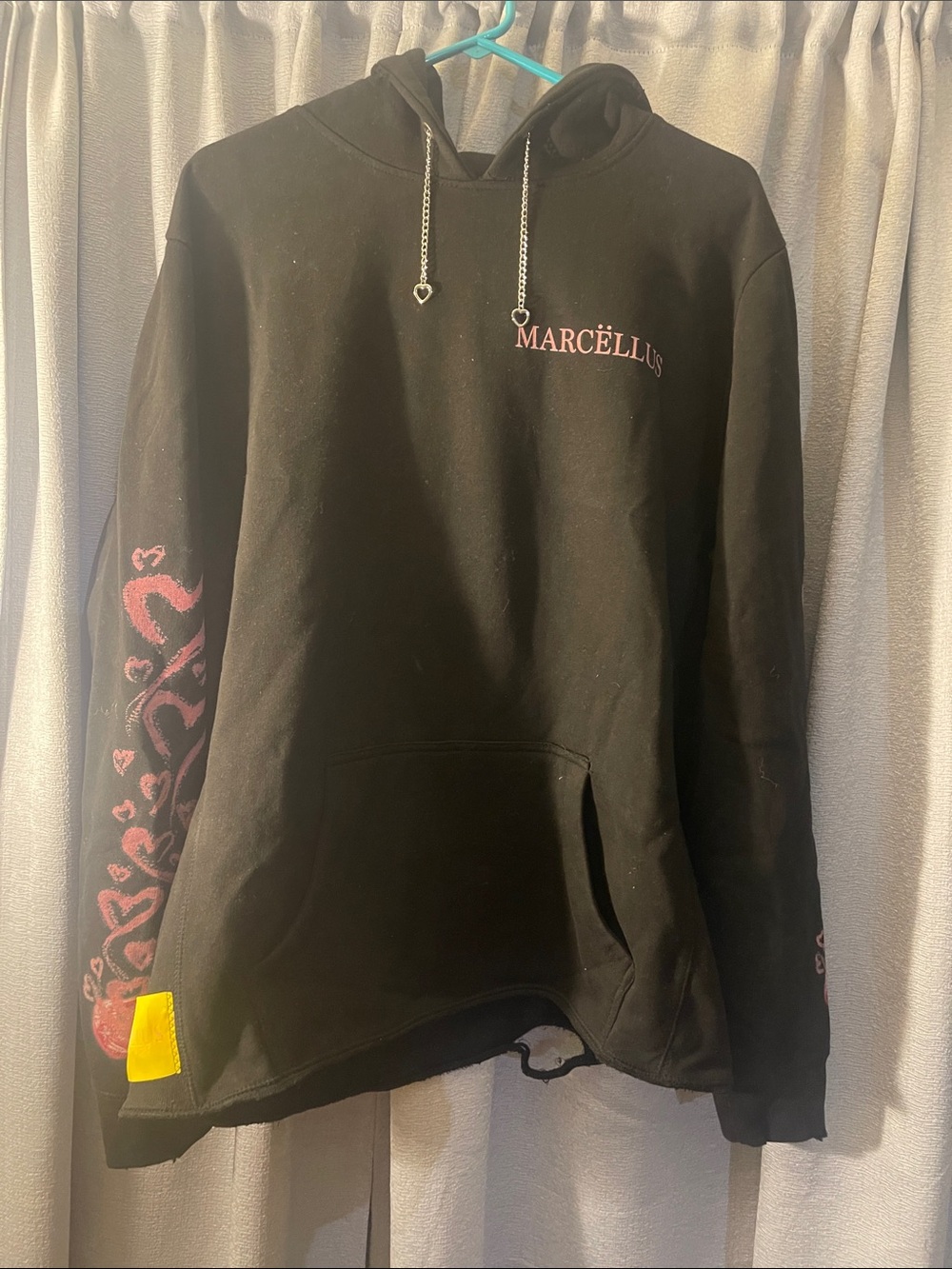 Black Hoodie with Pink Sleeve Hearts - Men Sweater